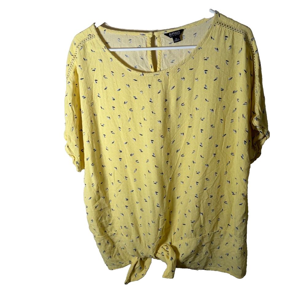 Buffalo David Bitton T-Shirt Women's XL Yellow Textured Short Sleeve Tie Casual